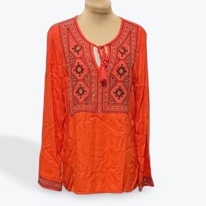 Lucky Brand Orange Embroidered Tassel Neck Tunic Top Women Size M